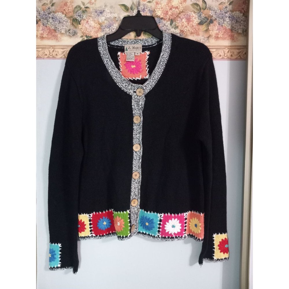 J. Marco Galleries Medium Black Patchwork Granny Square Knit Cardigan Sweater